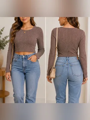 Zara Brown Fitted Long Sleeve Crop Top thumbnail 2