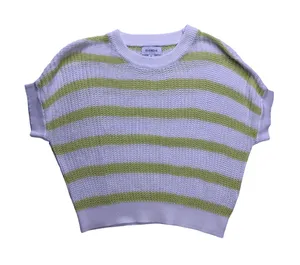 EVEREVE Short Sleeve Sweater Womens XS White Lime Striped Cotton Knit Pullover thumbnail 1