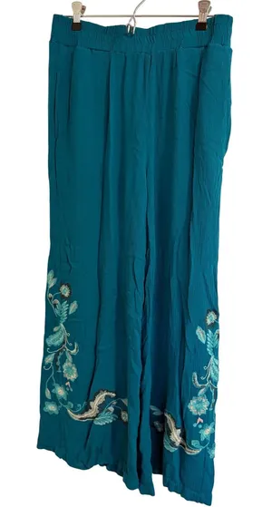 Curations Teal Blue Embroidered Wide Leg Pants Boho Crinkle Viscose Pockets M thumbnail 1