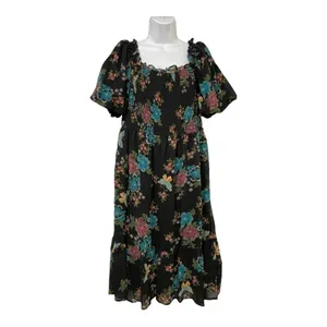 Lauren Conrad Plus Balloon Sleeve Smocked Midi Dress Sz XL Black Butterfly thumbnail 4