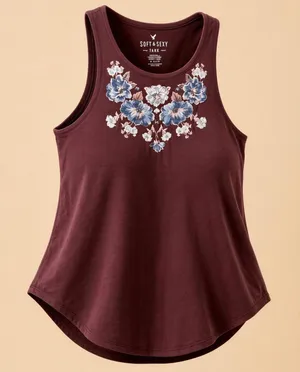 American‎ Eagle Outfitters Tank Top Womens Medium Burgundy Floral Embroidered thumbnail 1