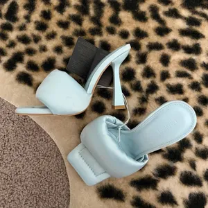 NWT Forever 21 Light Blue Leather Puffy Heel Sandals Women's Boho Slip-On Heels thumbnail 2