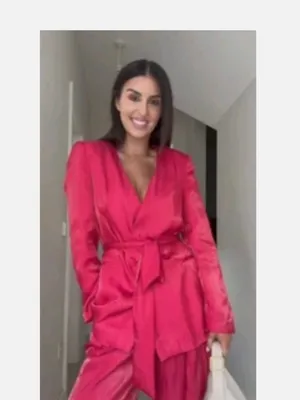 NWT ZARA Women's Blazer Wrinkle Effect Belted fuchsia Hot Pink Medium thumbnail 5