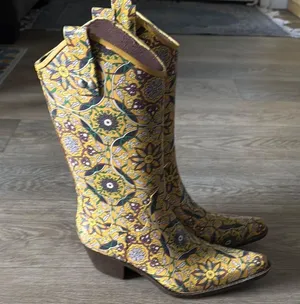 Cowboy Rain Boots - Yellow and Purple Heeled Boots with Intricate Patterns thumbnail 1