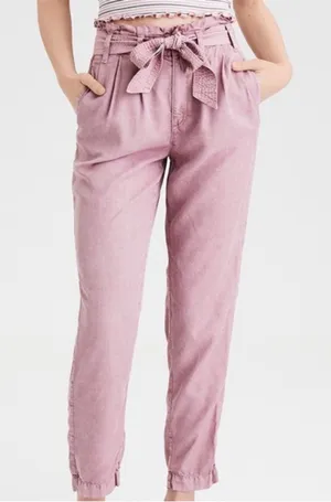 American Eagle pink paperbag waist relaxed fit pants thumbnail 1