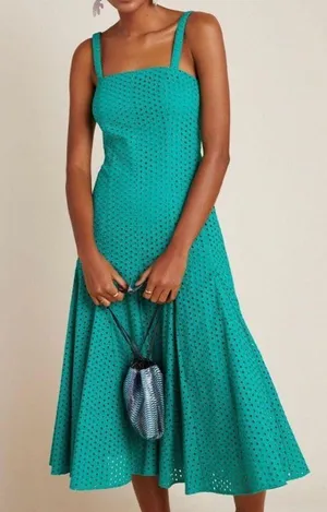 Anthropologie Women’s Lelia Eyelet Midi Dress Turquoise Blue Green Size 0 thumbnail 1