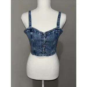 Social Tourist Abercrombie Denim Lace Up Cropped Corset Top Sz M Women’s thumbnail 4
