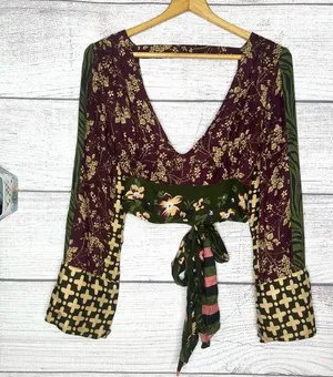 Z&L Boho Floral V-Neck Wrap Tie Long Sleeve Festival Crop Top Size Small thumbnail 1