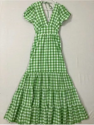 New York & Company Green Gingham V‑Neck Tiered Maxi Dress thumbnail 1
