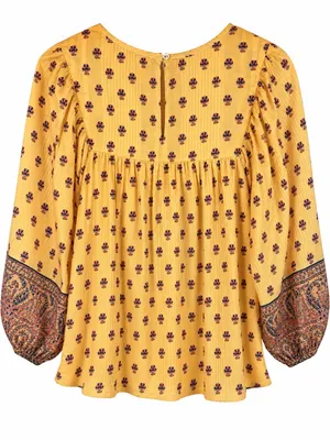 Cleobella Boho Floral Peasant Blouse Babydoll Tunic Organic Cotton Yellow Size L thumbnail 3