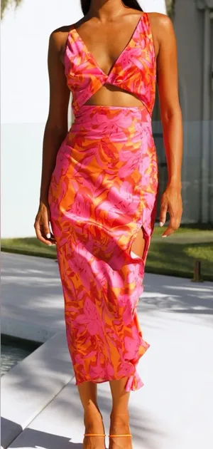 Hello Molly LOVELY CAMELLIA Pink and Orange Floral Midi Dress cutout 6 HOCO thumbnail 1