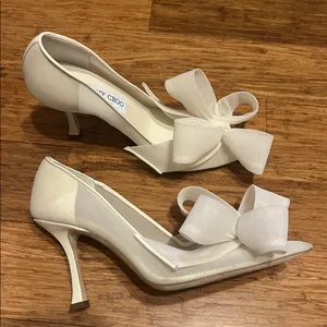 Jimmy Choo Staz Bow Mesh Pointed Pumps size 39.5 Ivory thumbnail 3