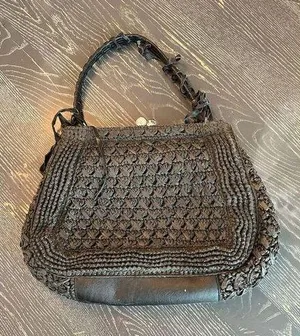 Nordstrom Black Straw & Leather Shoulder Bag Women's Closure Fabric Lined NWT thumbnail 1