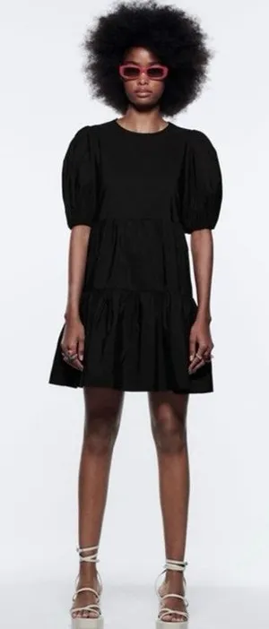 Zara Black Puff Sleeve Open Back Cocktail A Line Tiered Mini Dress Size XS thumbnail 1