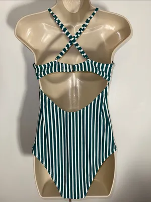 CUPSHE Striped One Piece Swimsuit w Boho Crochet Trim Women’s Large L thumbnail 3
