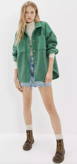 American Eagle Oversized Green Button-Down Sherpa Shacket Size Large thumbnail 1