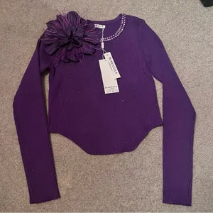 Women’s Purple Floral Rhinestone Ribbed Long Sleeve Crop Top thumbnail 4
