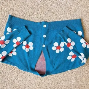 Cute Blue Knit Cardigan with Daisy Smile Flowers Kawaii‎ Y2K Cozy Top size S thumbnail 3