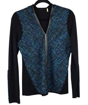 Elie Tahari Cardigan Sweater Womens S Tweed Zip Front Merino Wool Dark Academia thumbnail 1