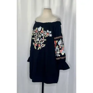 FREE PEOPLE Fleur Du Jour Mini Dress Black Floral Embroidered Off Shoulder Small thumbnail 6