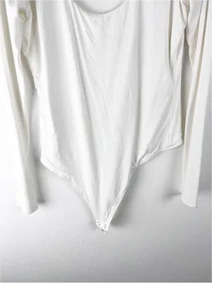 GOOD AMERICAN Cream Long Sleeves Scoop Neck Bodysuit Size Large Casual Neutral thumbnail 7