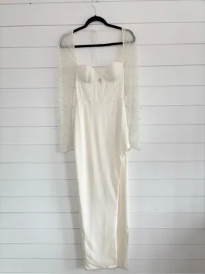 Oh Polly Ivory Pearl Beaded Sleeve Maxi Dress High Slit Formal Gown Size 4 thumbnail 5