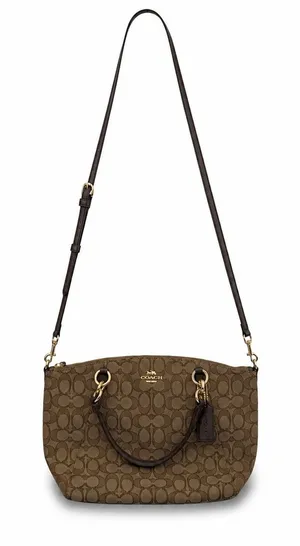 Coach Kelsey Satchel Crossbody Bag Khaki Brown Signature C Jacquard‎ Canvas thumbnail 1