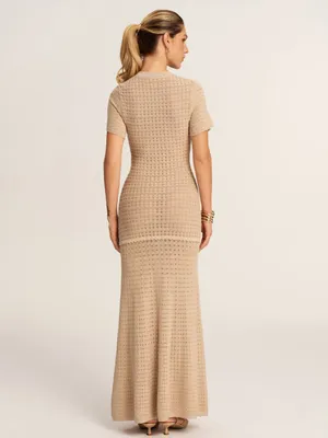 COMMENSE Short Sleeve Crochet Knit Mermaid Maxi Dress Khaki Gold Size S NWT thumbnail 2