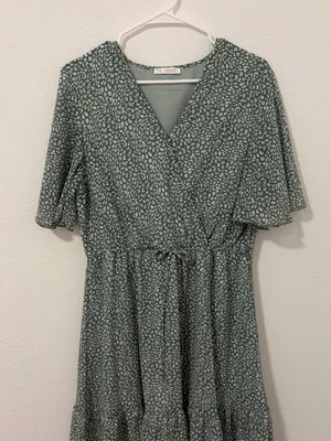 Kirundo Green and White Floral Print Knee Length Dress‎ Cottagecore Ruffle SZ L thumbnail 4