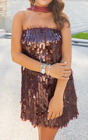Boutique Dark Red Sequins Triple Threads Dress with Neck Scarf thumbnail 1