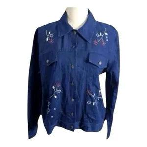 Alfred Dunner Blue Denim Jacket Floral Embroidered Size 16 Petite Button Front thumbnail 2