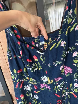 Old Navy fruits veggies midi dress linen fit & flare navy sleeveless pockets thumbnail 3