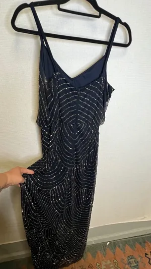 Adrianna Papell Navy Blue Sequin Art Deco Blouson Maxi Gown Dress 14 091866700 thumbnail 1