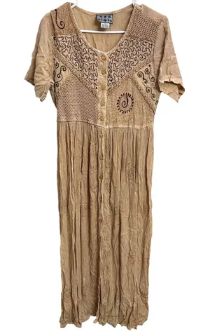 Vintage 90s MPH Embroidered Crinkle Gauze Maxi Dress Boho Hippie‎ Artsy Ren Fair thumbnail 1