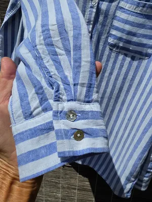 Nicole Miller Blue and White Striped Linem Blend Button-Up Shirt Small thumbnail 5