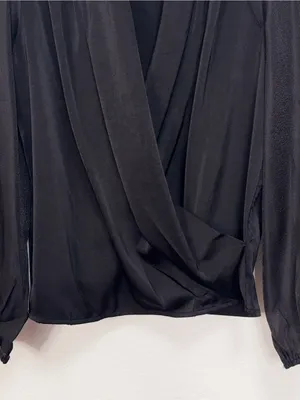 Miss Sparkling Black Satin Surplice Wrap Blouse Draped Long Sleeve Elegant Top thumbnail 3