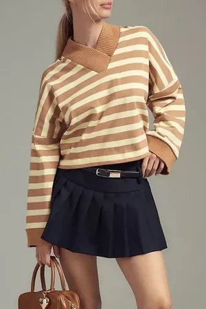 Maeve Cotton Boxy Oversized V-Neck Top Women’s Medium Striped Yellow Orange thumbnail 1