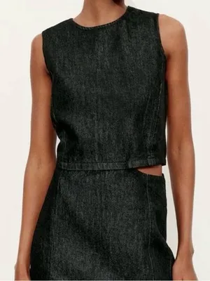 Zara Side Cut Out Black Denim Dress Size S NWT thumbnail 2
