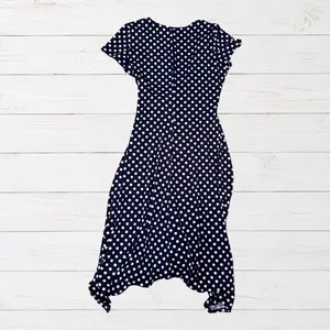 Polka Dot Faux Wrap Midi Dress Navy White Knotted Waist Short Sleeve Size 8 thumbnail 3