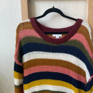 Favlux Multicolor Striped V-Neck Sweater in Burgundy, Navy & Mustard thumbnail 3