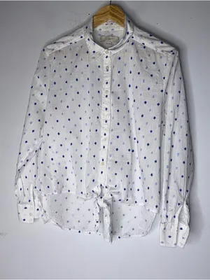 Loft Button‎ Down Tie Front Collar Top White Blue Textured Pattern Large thumbnail 1