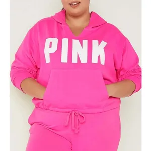 PINK Victorias Secret Cinched Crop Hoodie‎ & Sweatpants Atomic Pink Set L/XL thumbnail 10