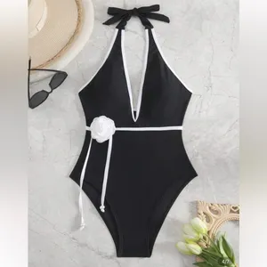 Black One Piece Swimsuit Halter Neck Wirh Bow Belt S thumbnail 4