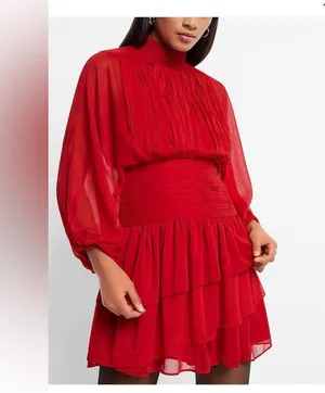 Express mock neck long sleeve ruffle mini dress thumbnail 3