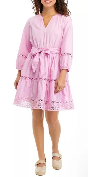 Wonderly Pink Cotton Tiered Eyelet Lace Dress Balloon Sleeve PXL thumbnail 1
