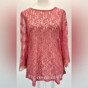 Sheer Mauve Mixed Lace Bell Sleeve Top Eyelash Fringe Gimmicks by BKE Fairy Boho thumbnail 8