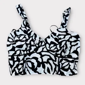 Monteau Los Angeles Crop Tank Top Womens M Black & White Geo Print Smocked thumbnail 1