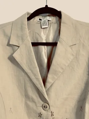 Carole Little Linen Embroidered Blazer Jacket Tan Button Front Floral Eyelet 16W thumbnail 3