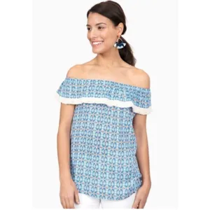 ROBERTA ROLLER RABBIT Lucia Fringe Off Shoulder‎ Top Blue Tile Print sz S thumbnail 3