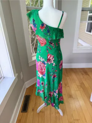 Roz & Ali Emerald Green Floral Asymmetrical One Shoulder Dress Size 6 thumbnail 3